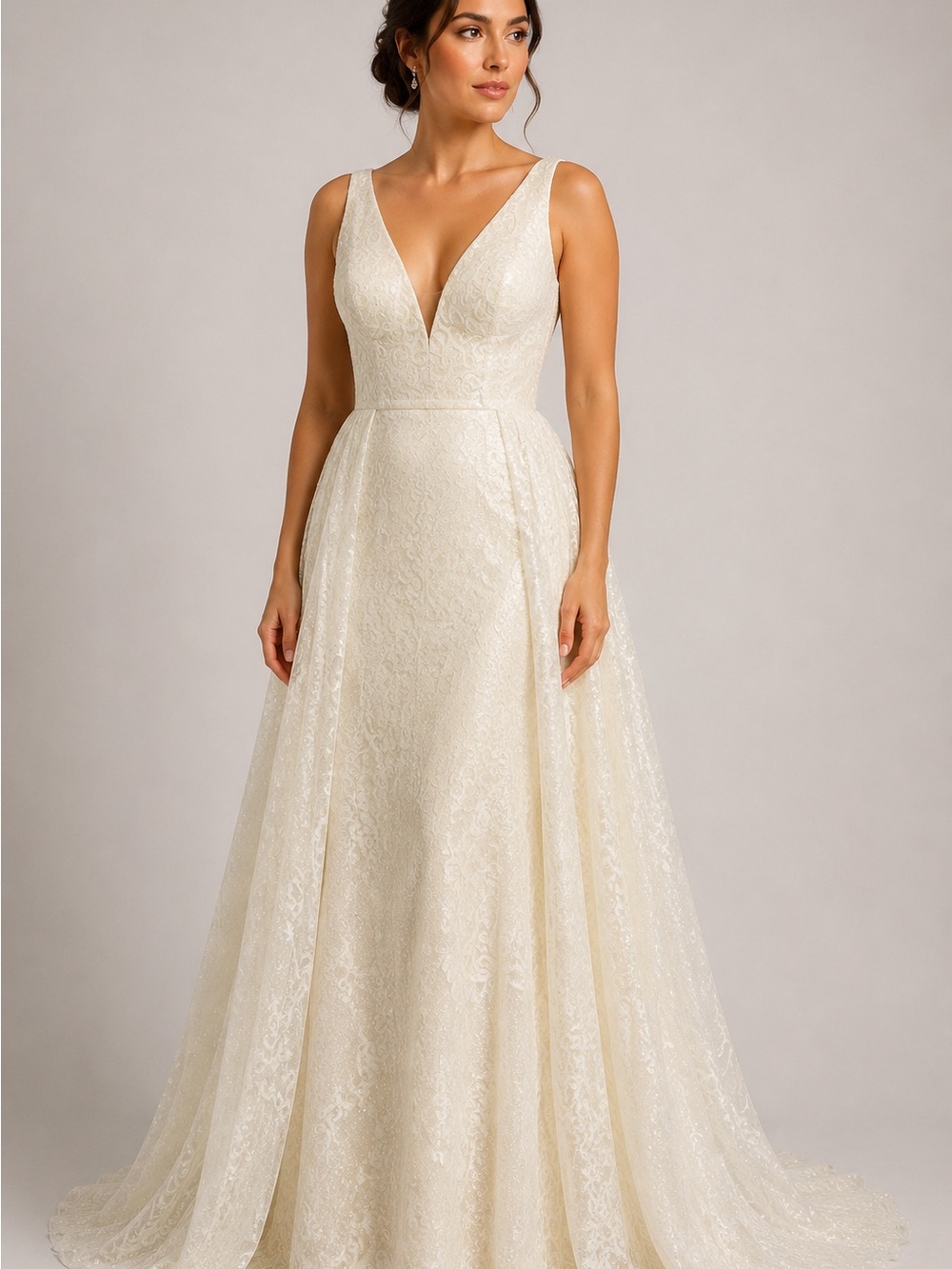 Sira D’Pion Couture Ivory Glitter Lace Wedding Dress + Detachable Skirt